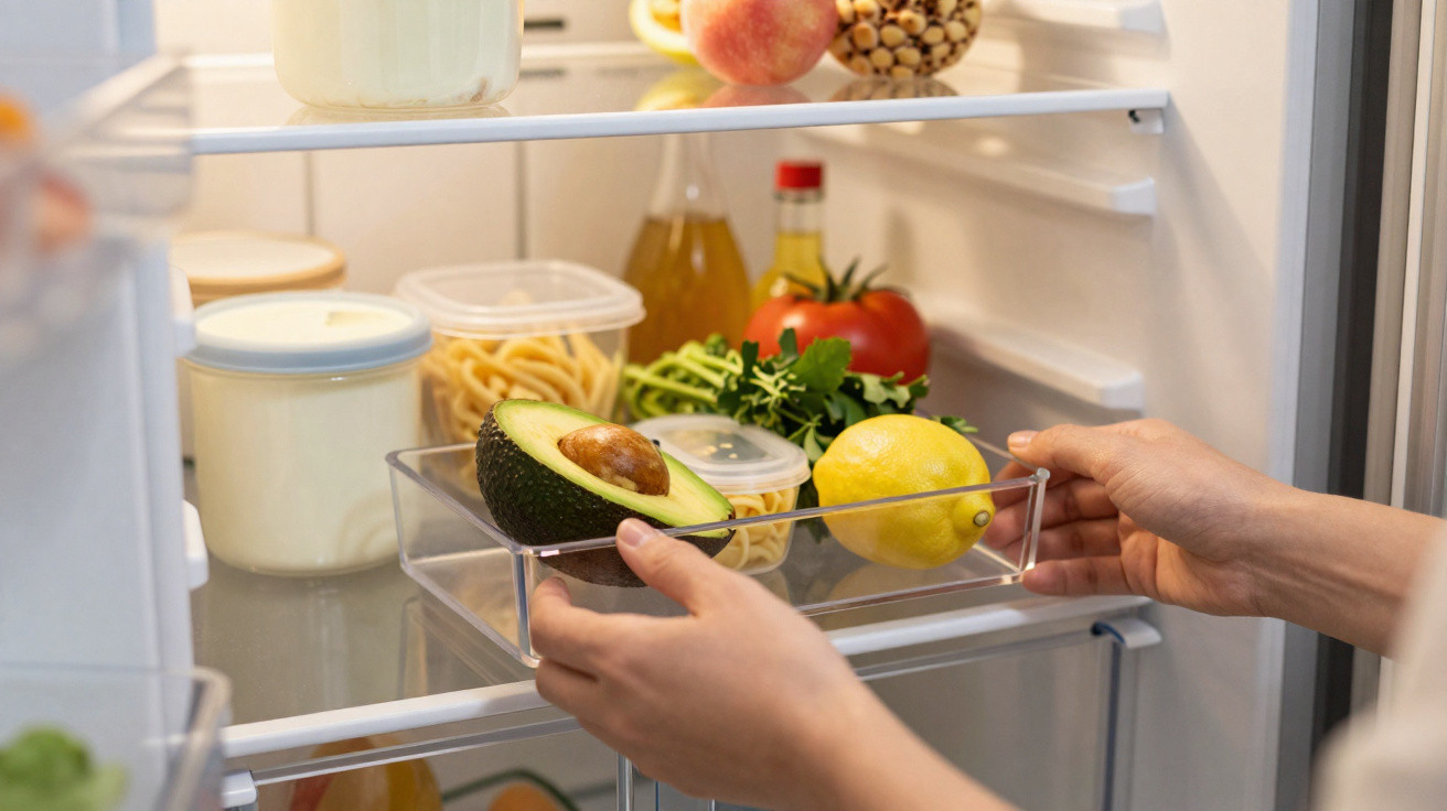 Mãos a organizar um tabuleiro com abacate e limão dentro de um frigorífico com legumes e iogurtes.