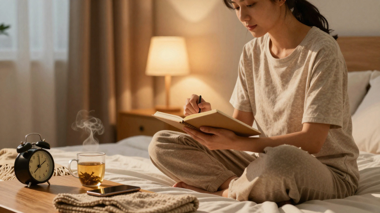 Mulher sentada na cama a escrever num caderno, com chá, telemóvel e relógio numa mesa próxima.