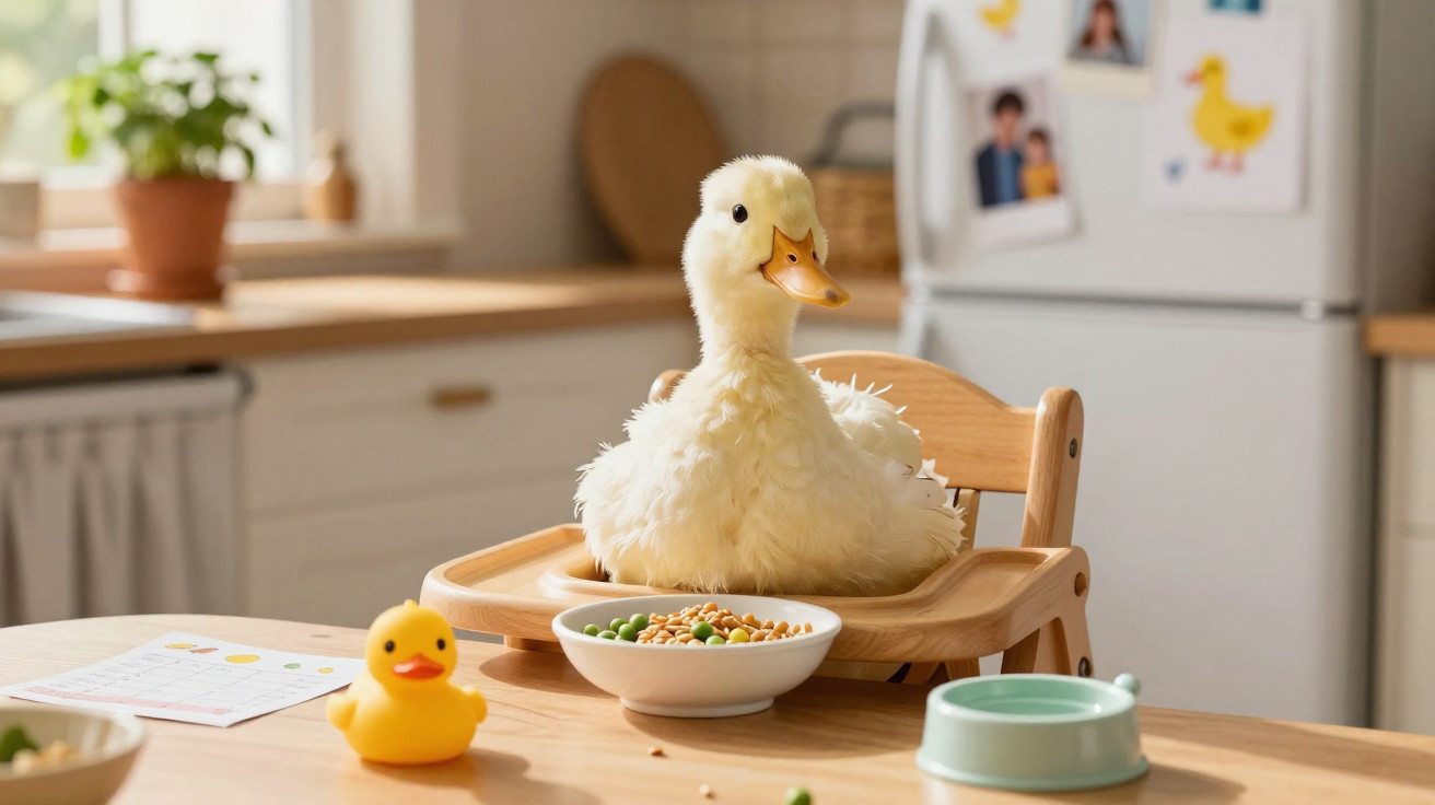 Patinho real sentado numa cadeira de bebé à mesa da cozinha com brinquedo de pato amarelo e comida.