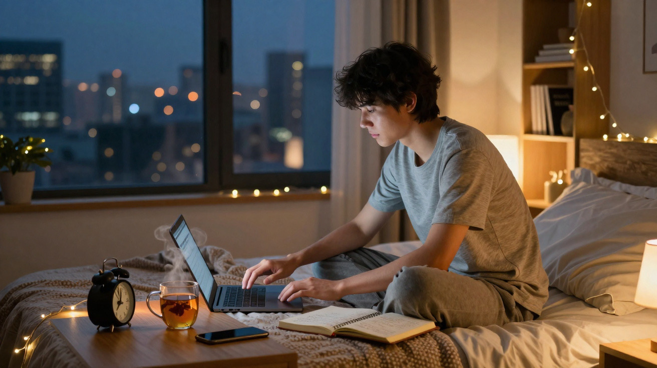 Jovem sentado na cama a usar computador portátil à noite, com chá, telemóvel e caderno na mesa de cabeceira.