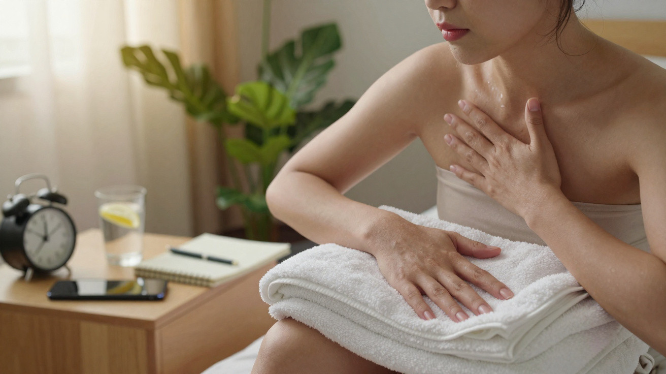 Pessoa com expressão de desconforto segurando o peito e barriga, sentada numa cama com toalhas brancas.