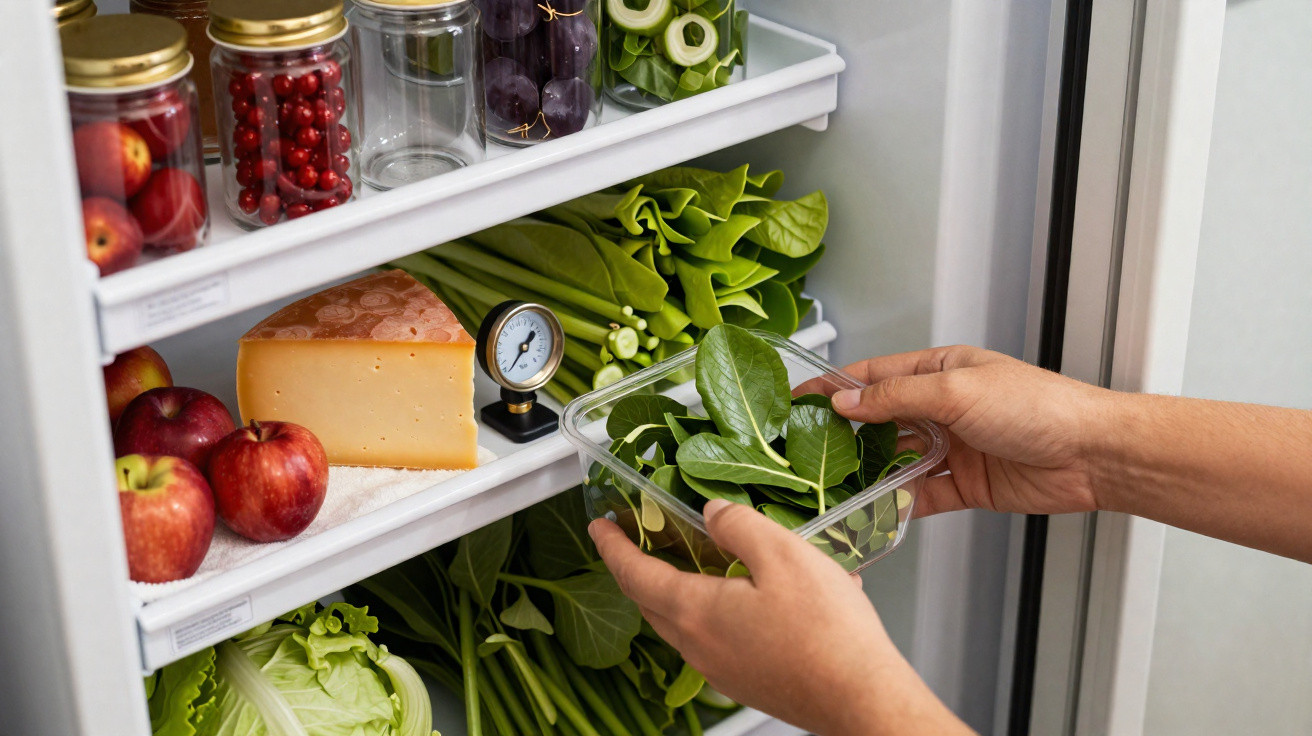 Mãos a colocar espinafres frescos numa caixa transparente na prateleira de um frigorífico cheio de legumes e frutas.