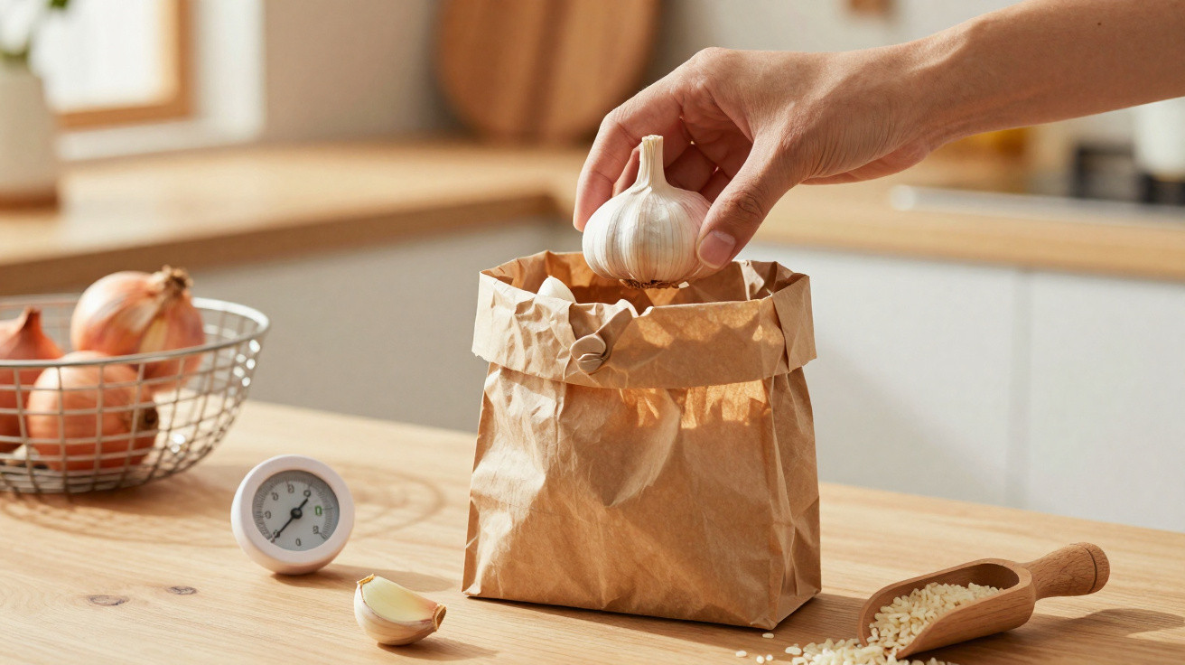 Mão a colocar uma cabeça de alho num saco de papel numa cozinha com cebolas e arroz num balcão de madeira.