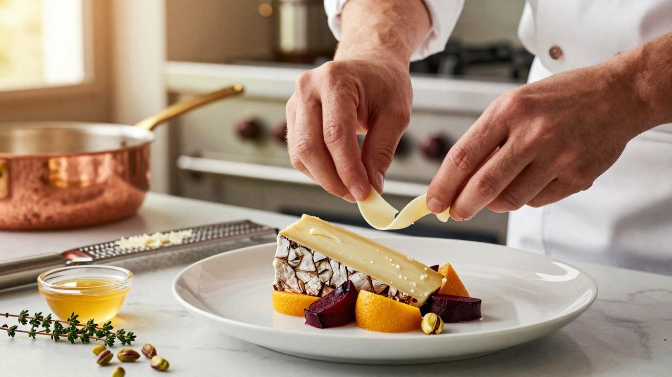 Chef a preparar prato com queijo, frutas e pistácios na cozinha profissional.