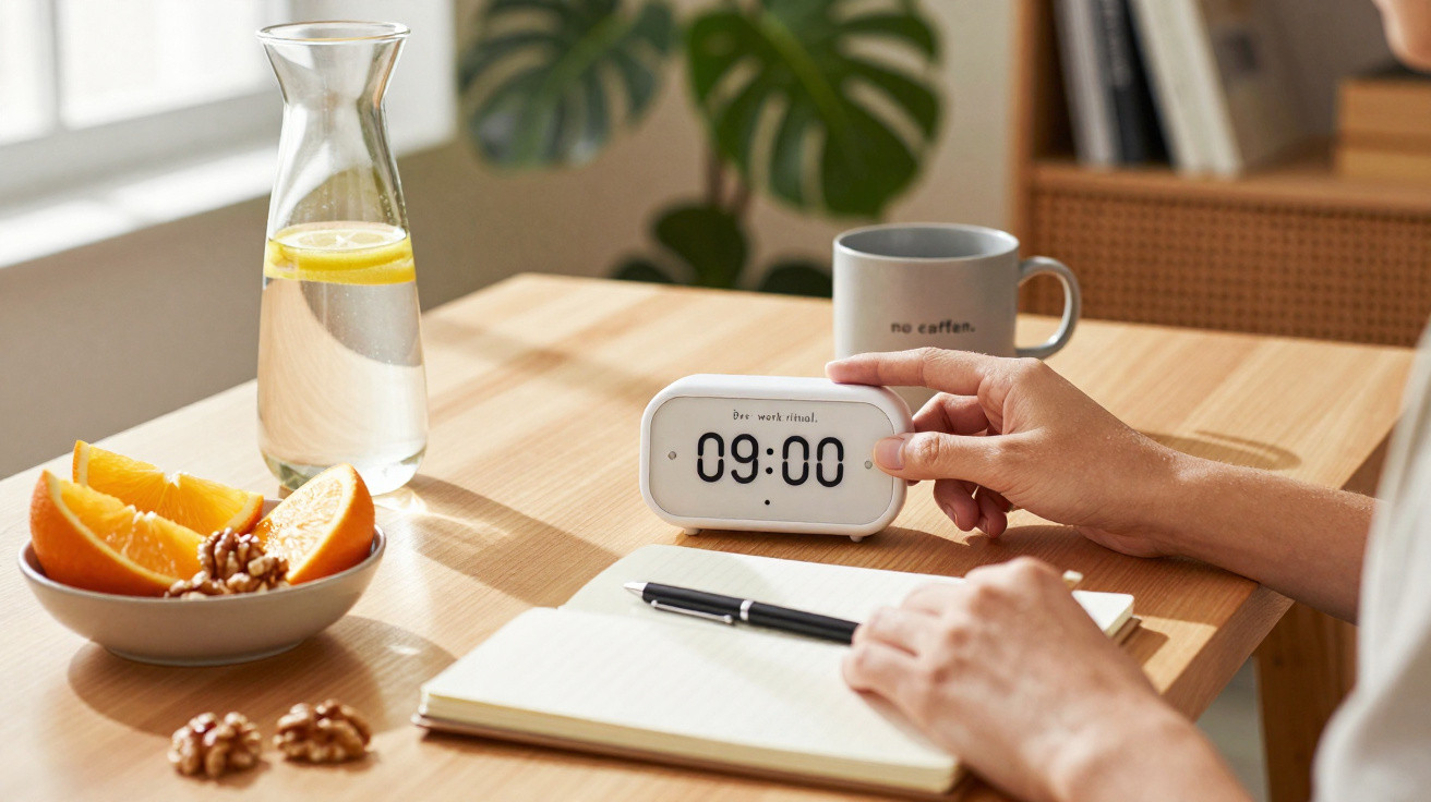 Relógio digital marcando 09:00 numa mesa com caderno, caneta, chávena, jarro de água com limão e prato com laranja e nozes.