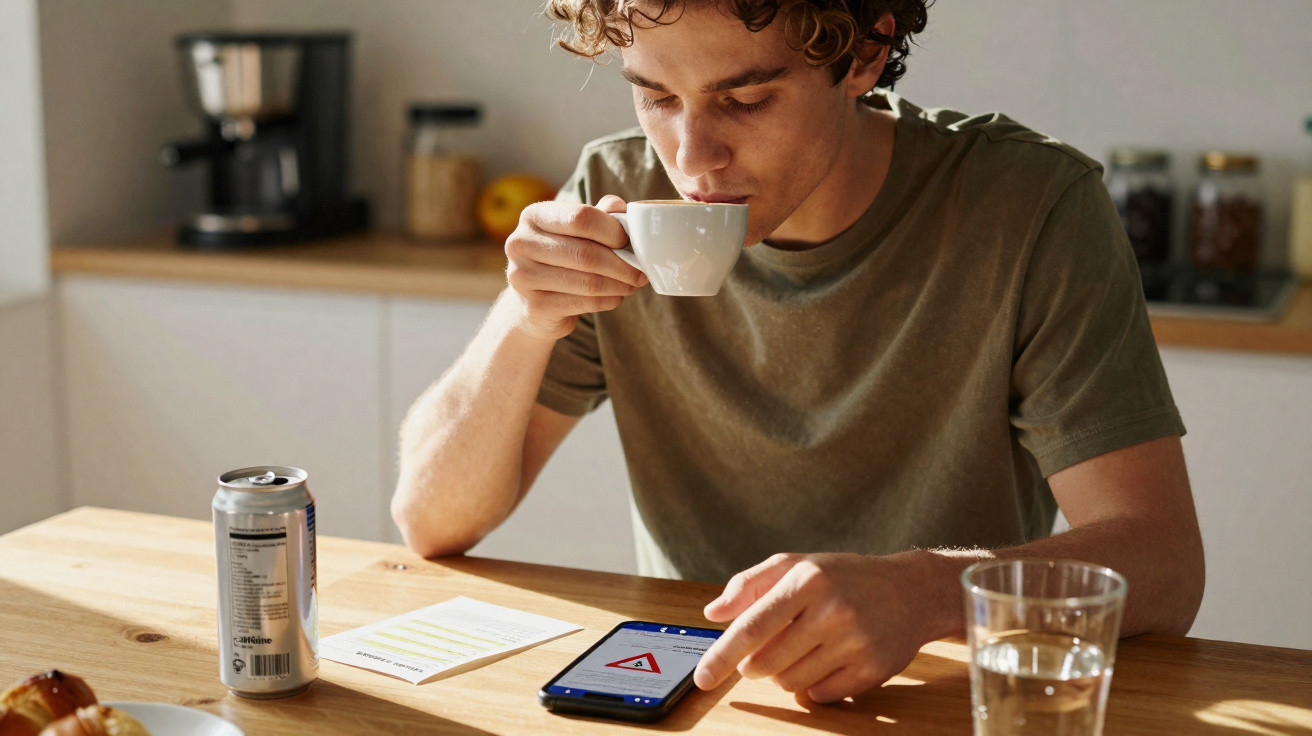 Jovem a beber café enquanto usa telemóvel numa mesa de cozinha com vários objetos.