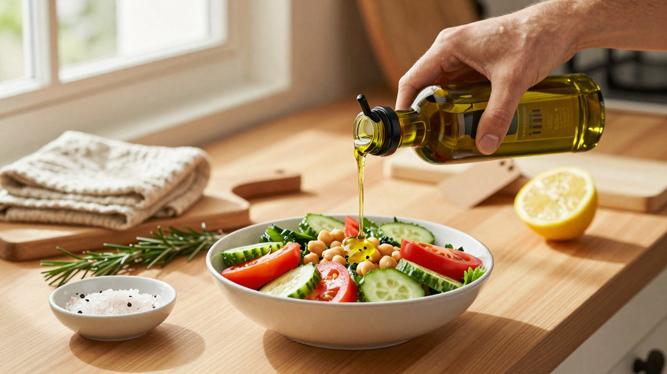 Pessoa a derramar azeite numa salada com tomate, pepino, grão-de-bico e alface numa cozinha iluminada.
