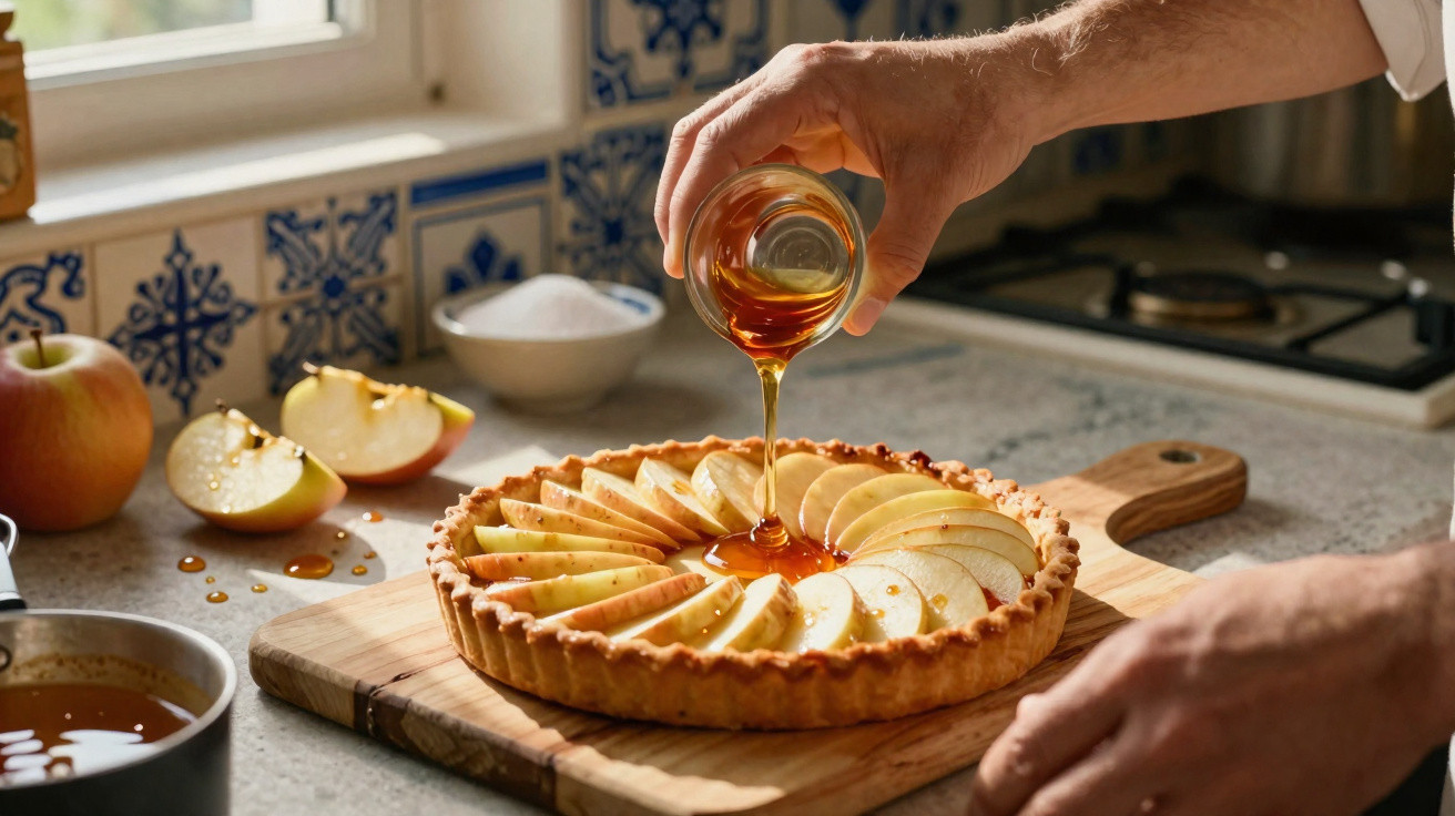 Pessoa a deitar calda doce numa tarte de maçã numa cozinha com azulejos tradicionais portugueses.