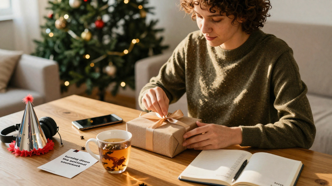 Pessoa a desembrulhar presente de Natal numa mesa com chá, caderno e árvore de Natal ao fundo.