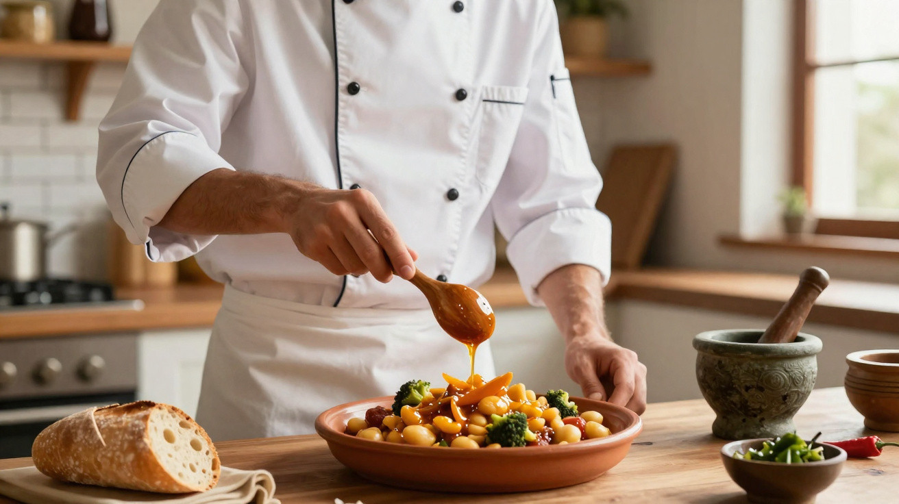 Chef de cozinha a temperar prato de feijão com legumes numa cozinha rústica com pão e utensílios.