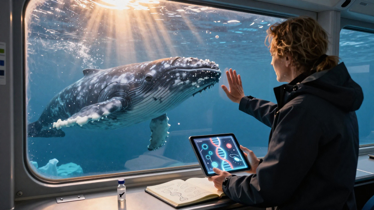 Pessoa interage com uma baleia através de vidro num tanque, segurando um tablet com imagens de ADN.