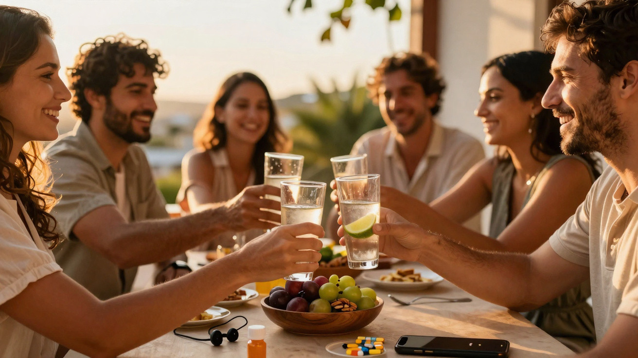 Grupo de seis amigos a brindar com copos de água junto a uma mesa com frutas ao ar livre ao pôr do sol.