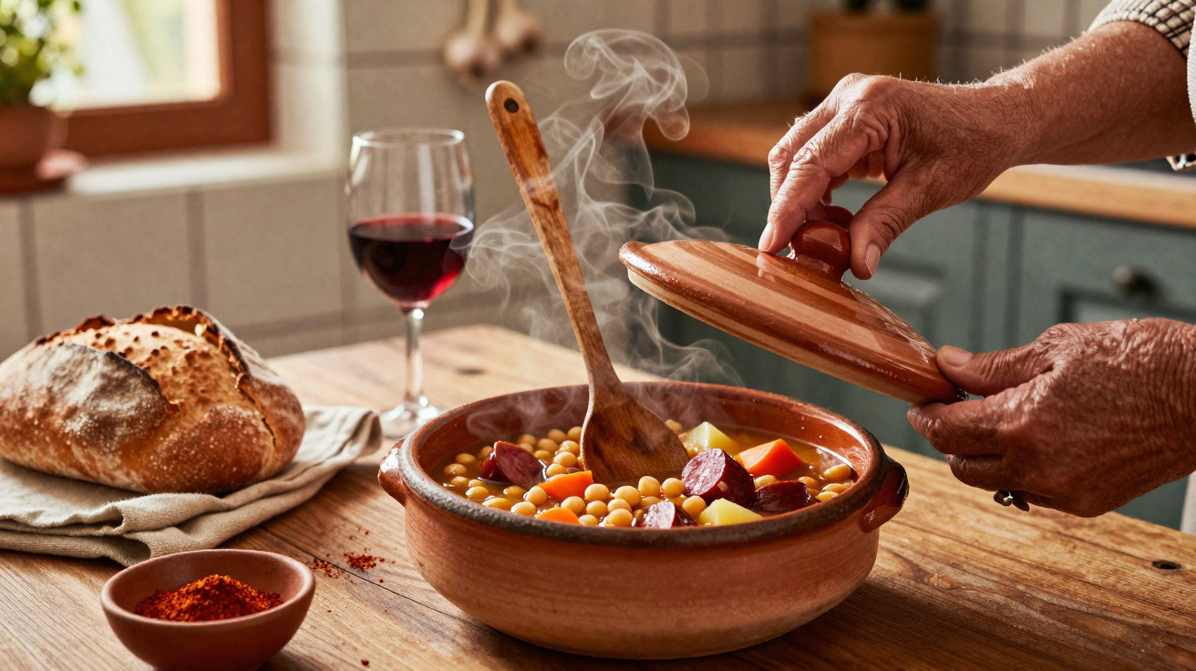 Cozinha tradicional portuguesa com ensopado de grão, chouriço, legumes, pão e copo de vinho tinto fumegante.