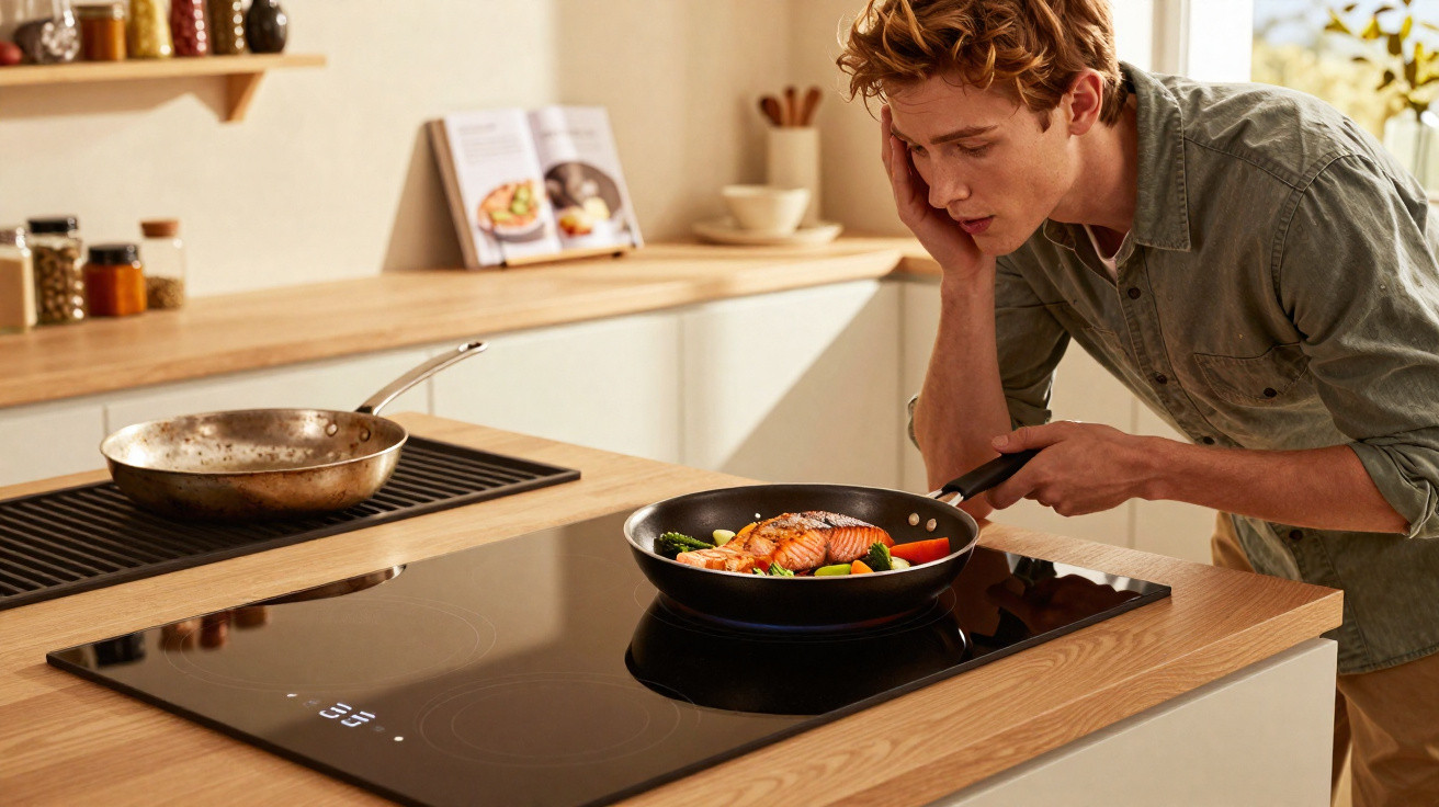 Homem a cozinhar salmão com legumes numa frigideira numa cozinha moderna.