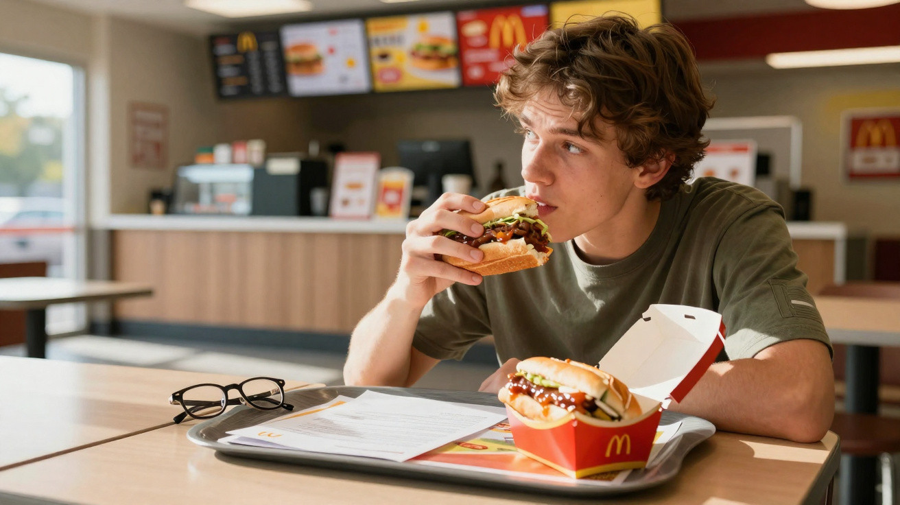 Homem jovem sentado em restaurante McDonald's a comer hambúrguer com bandeja e óculos na mesa.