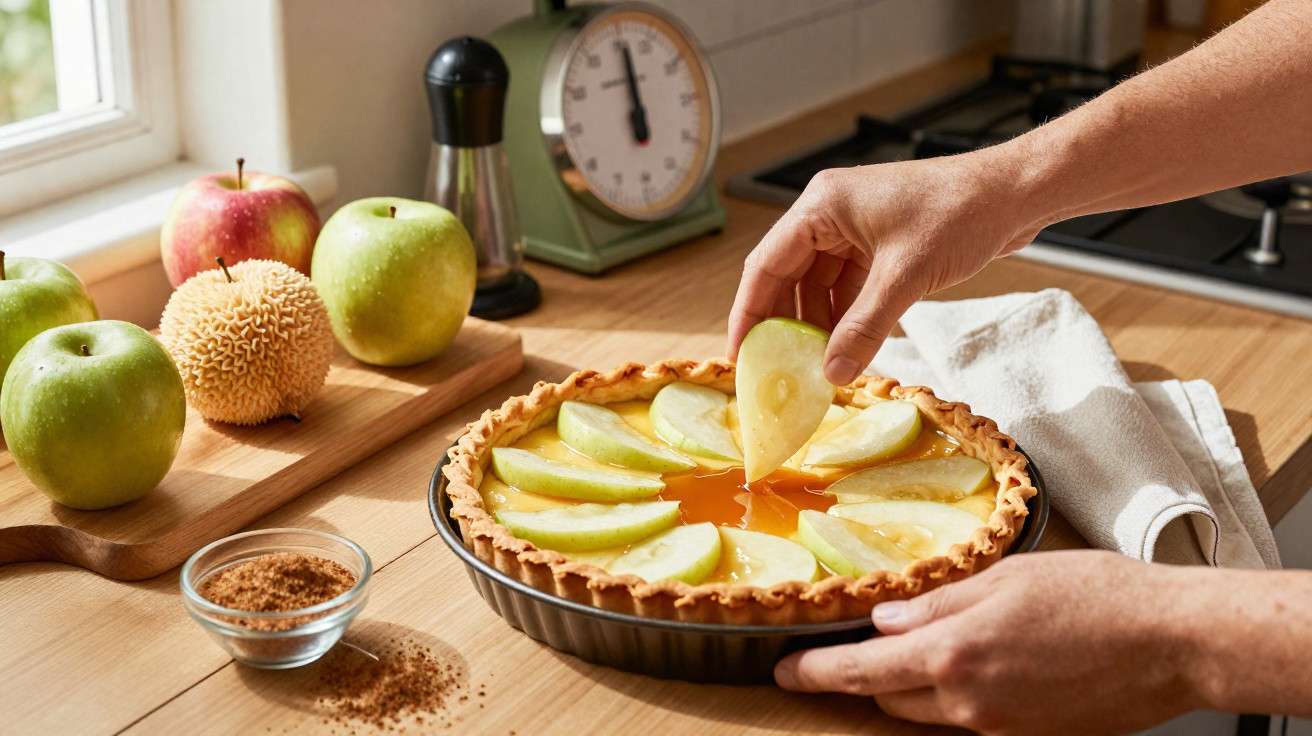 Mãos a decorar torta de maçã com fatias verdes numa cozinha com maçãs e especiarias na bancada.