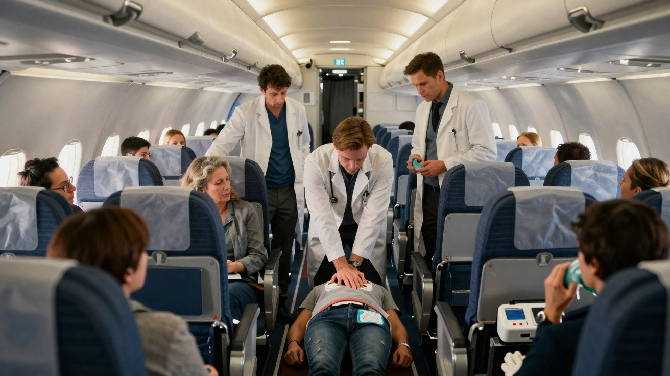Equipa médica realiza reanimação cardio-pulmonar a passageiro num avião cheio de passageiros sentados.