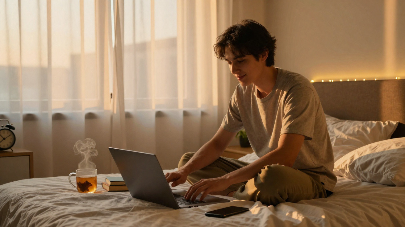 Homem jovem sentado na cama a usar computador portátil ao amanhecer com chá fumegante ao lado.