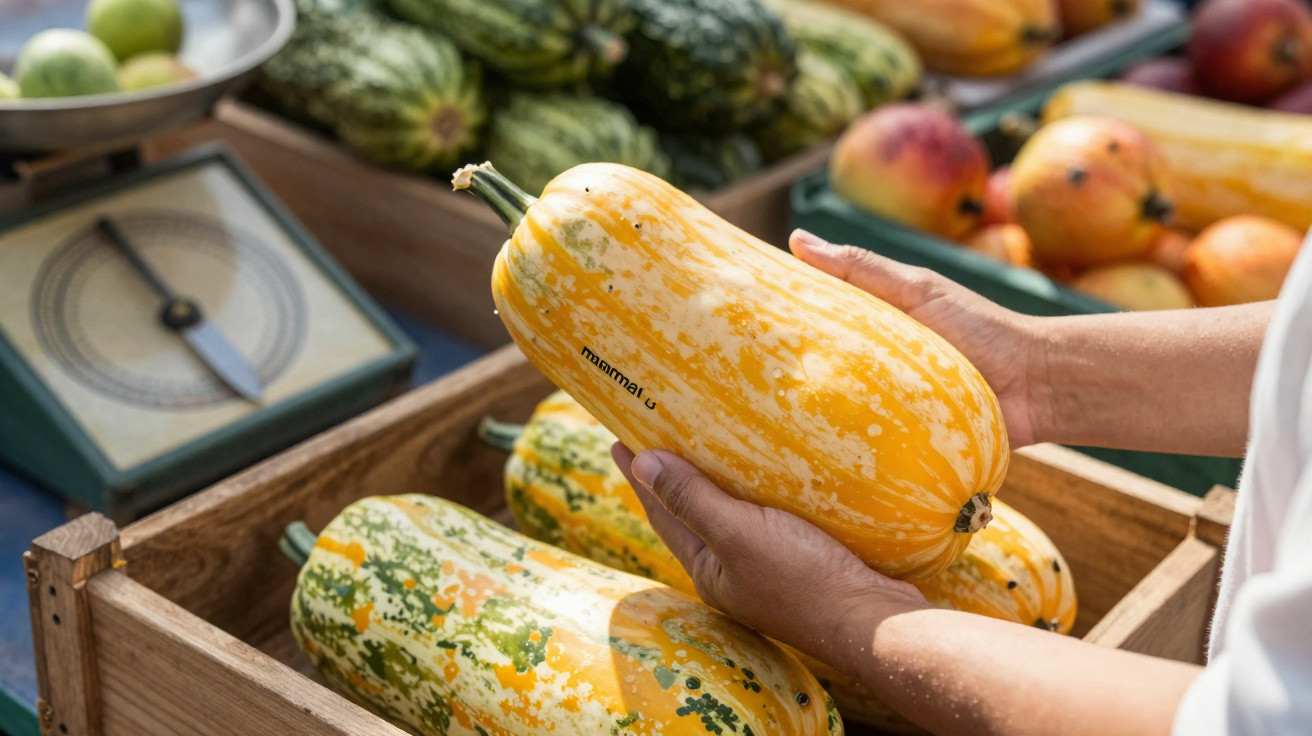 Pessoa a segurar uma abóbora longa amarela e verde num mercado com caixas de legumes ao fundo.