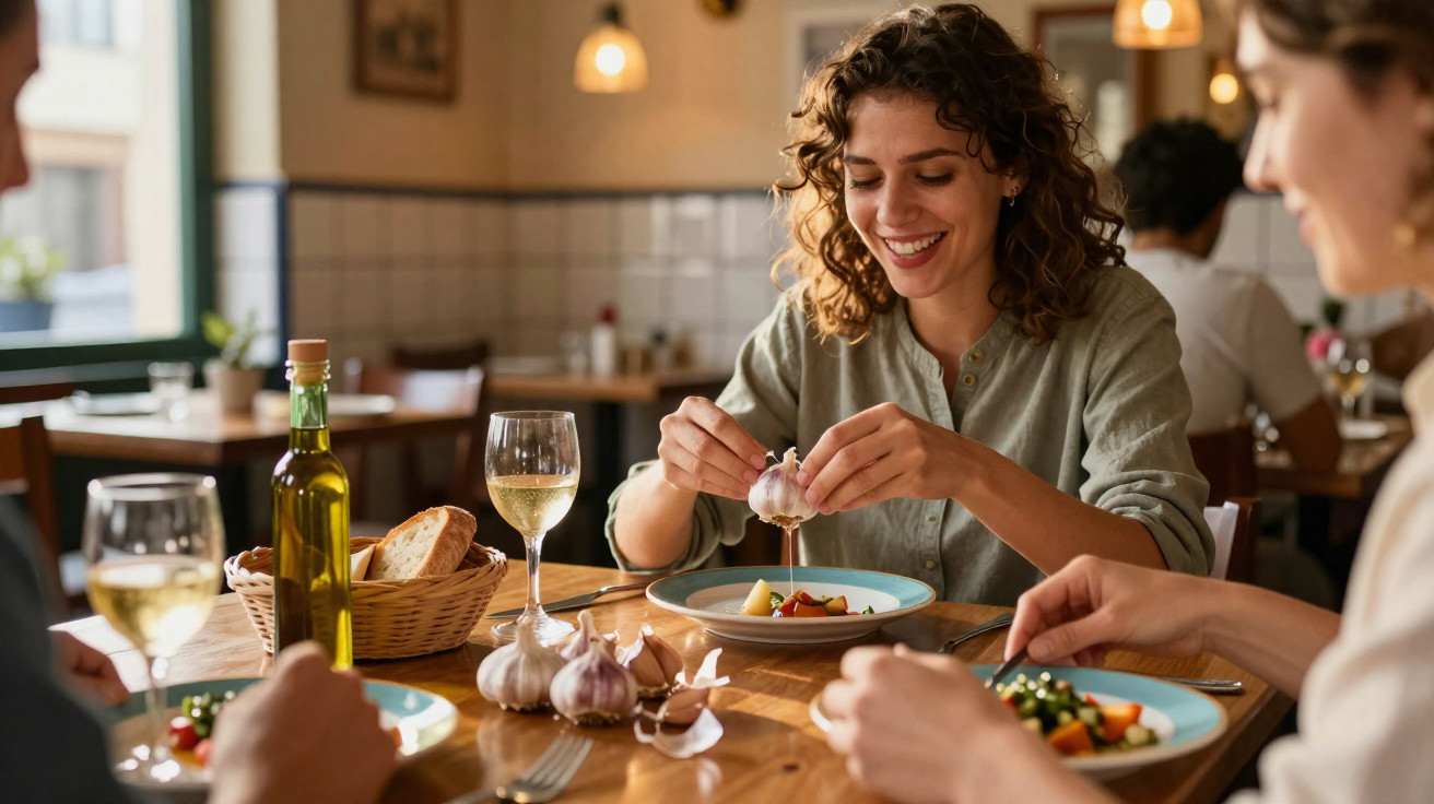 Jovem mulher feliz a descascar alho durante refeição com amigos num restaurante acolhedor.