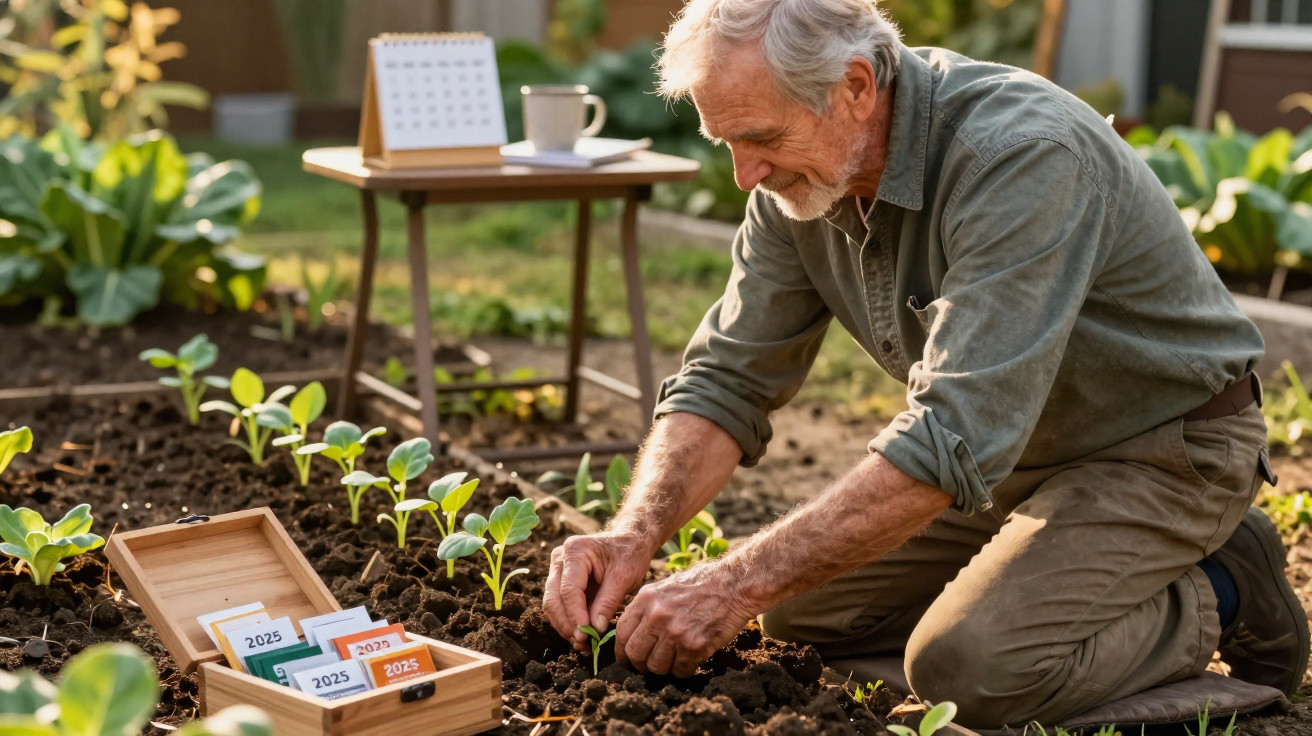 Homem idoso a plantar uma muda na horta, com caixas de sementes e mesa ao fundo.