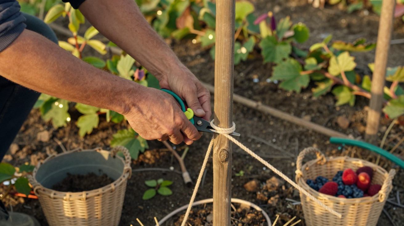 Mãos a cortar corda amarrada a um pau de madeira num jardim com cestos de frutas ao lado.