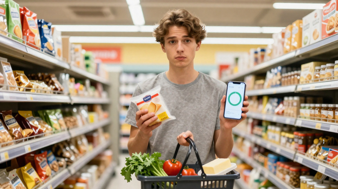 Jovem no supermercado com cesto cheio de legumes, segurando produto e a mostrar aplicação no telemóvel.