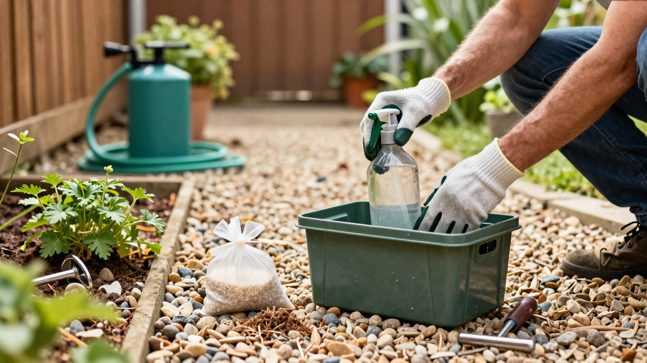 Pessoa com luvas brancas a preparar pulverizador para jardinagem num caminho de pedras entre plantas.