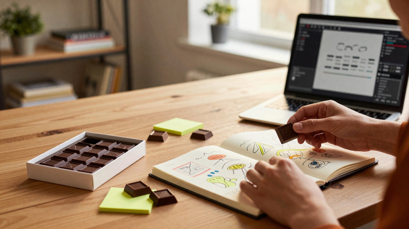 Pessoa a comer pedaço de chocolate enquanto trabalha em caderno com desenhos e computador portátil aberto numa mesa.