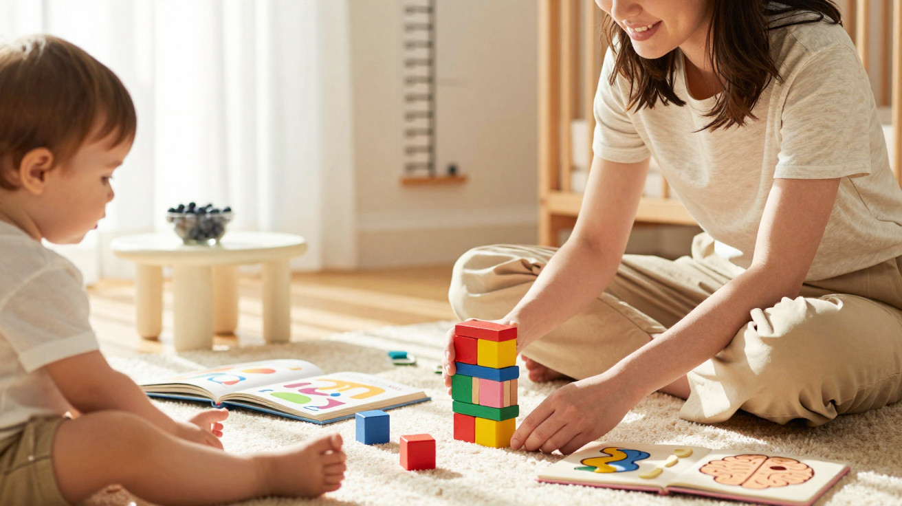 Criança e mulher sentadas no chão a brincar com blocos de construção coloridos e livros ilustrados.