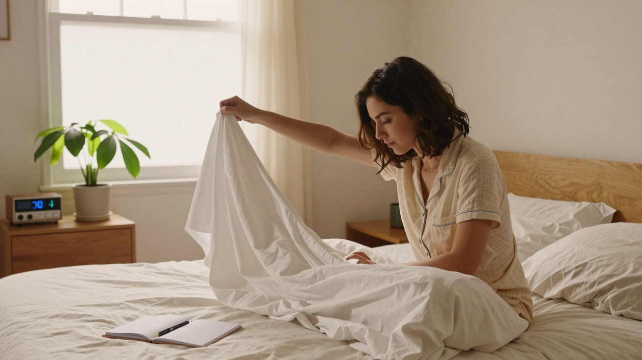Mulher em pijama arruma a cama de manhã numa quarto iluminado com planta e despertador digital.