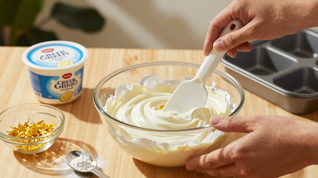 Mãos a misturar creme de iogurte grego numa taça de vidro, ao lado de flores secas e colher com pó branco.
