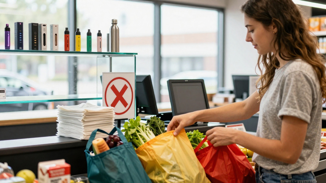 Mulher jovem organiza sacos reutilizáveis com compras frescas na caixa de supermercado moderno.
