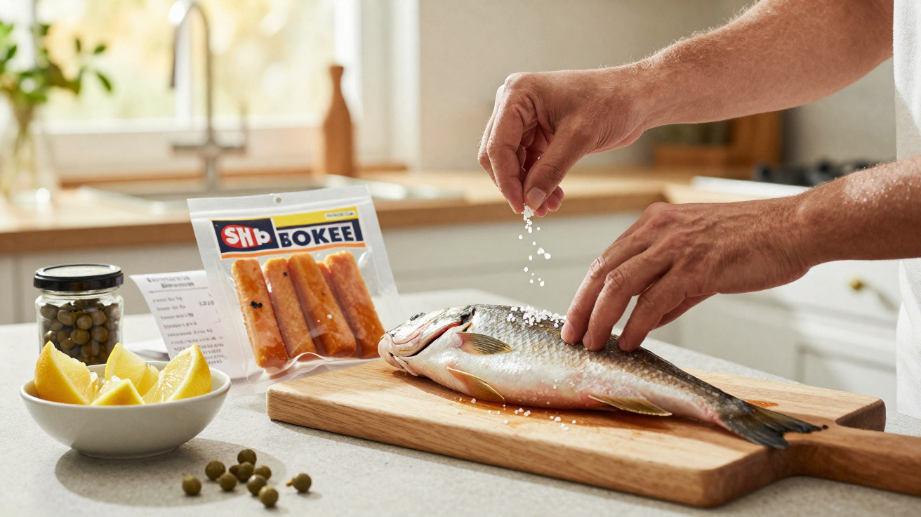Mãos a temperar um peixe inteiro com sal grosso numa tábua de madeira numa cozinha moderna.