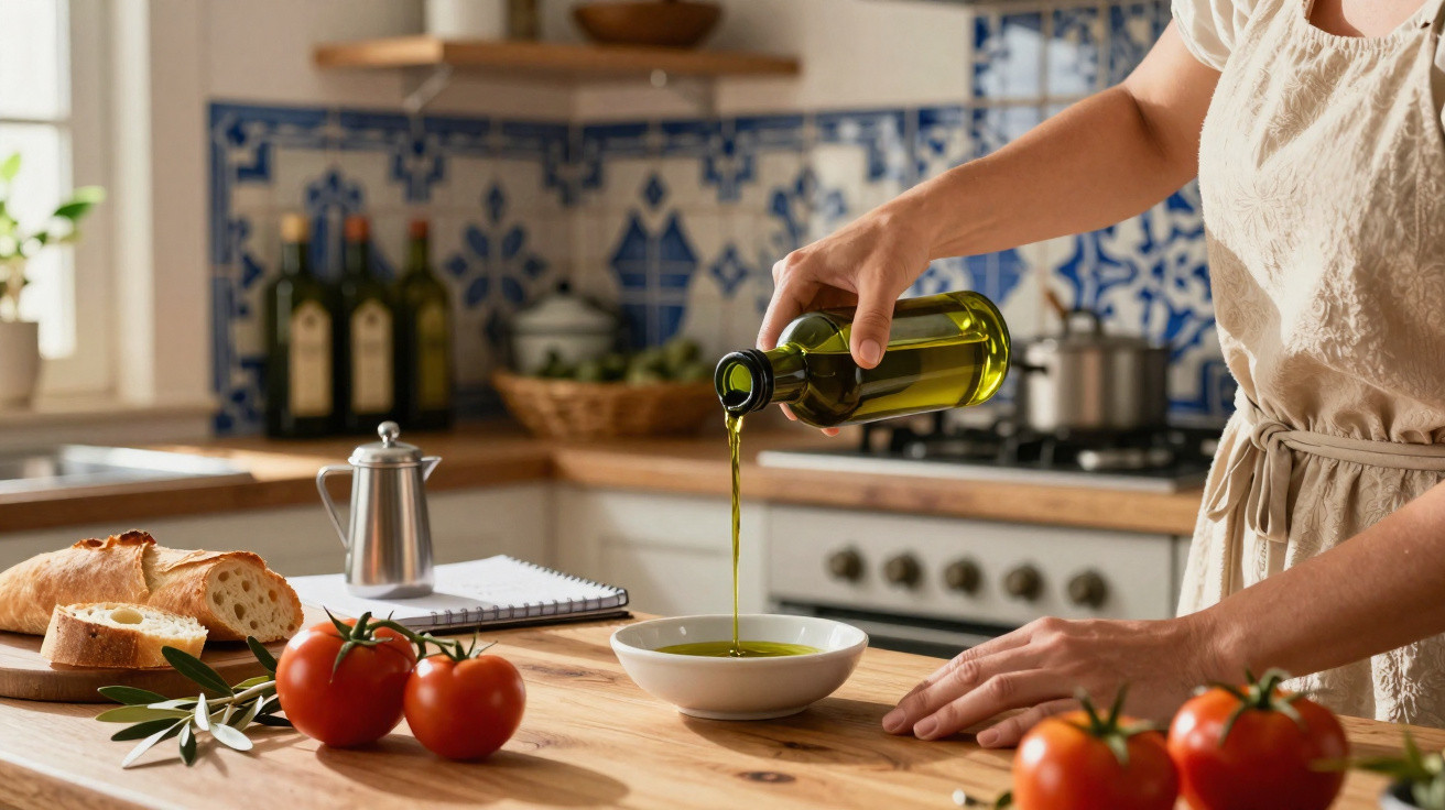 Pessoa a deitar azeite numa taça numa cozinha com tomates e pão na bancada de madeira.