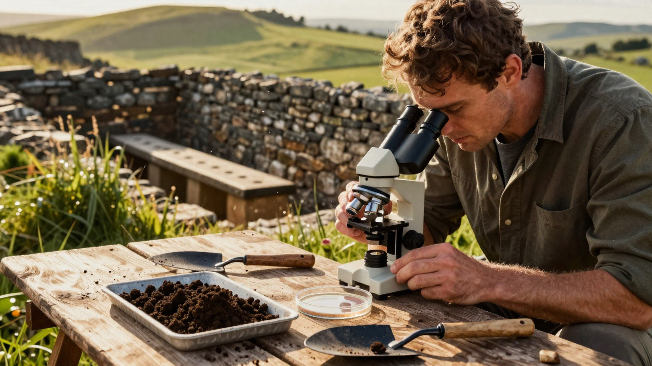 Homem a observar solo num microscópio numa mesa ao ar livre com utensílios de jardinagem.