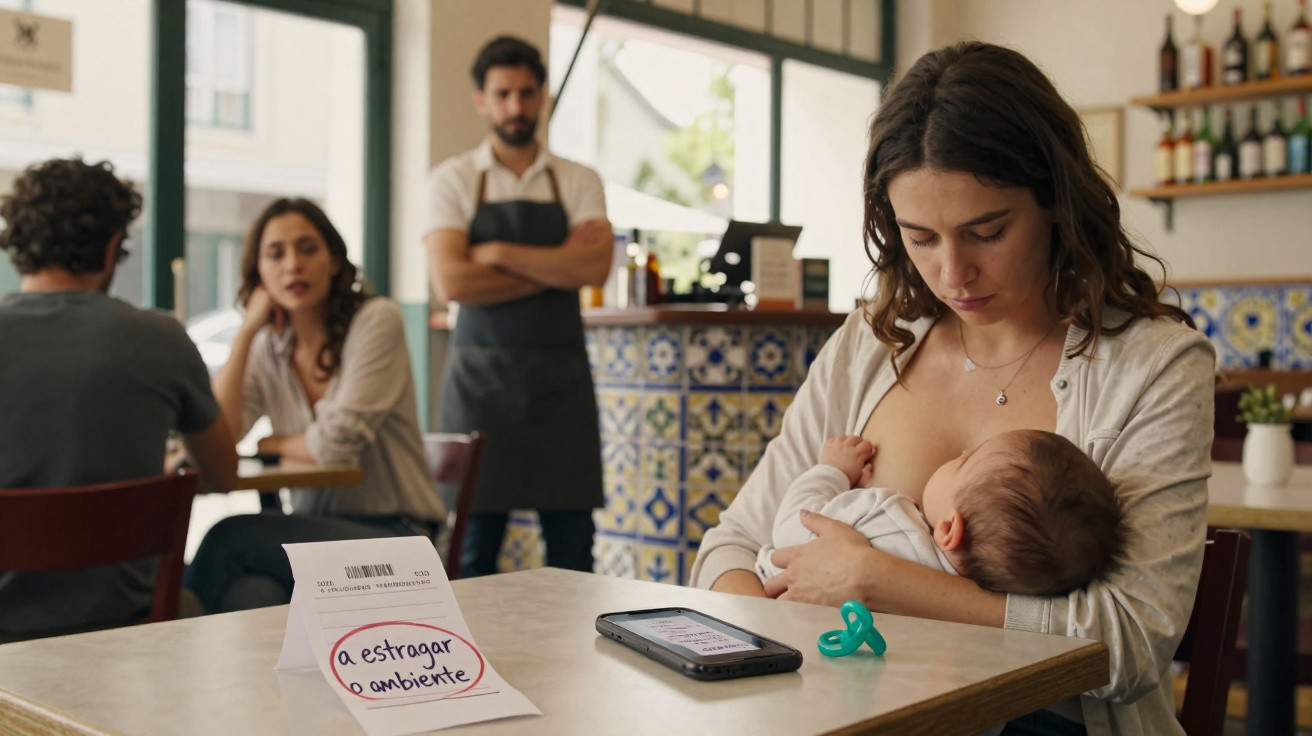 Mulher amamenta bebé numa mesa de café, com bilhete "a estragar o ambiente" e empregado ao fundo.