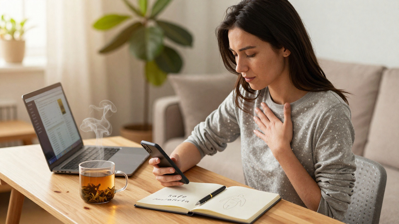 Mulher sentada a trabalhar em casa com chá quente, portátil e caderno, segurando o telemóvel e a sentir desconforto no peito.