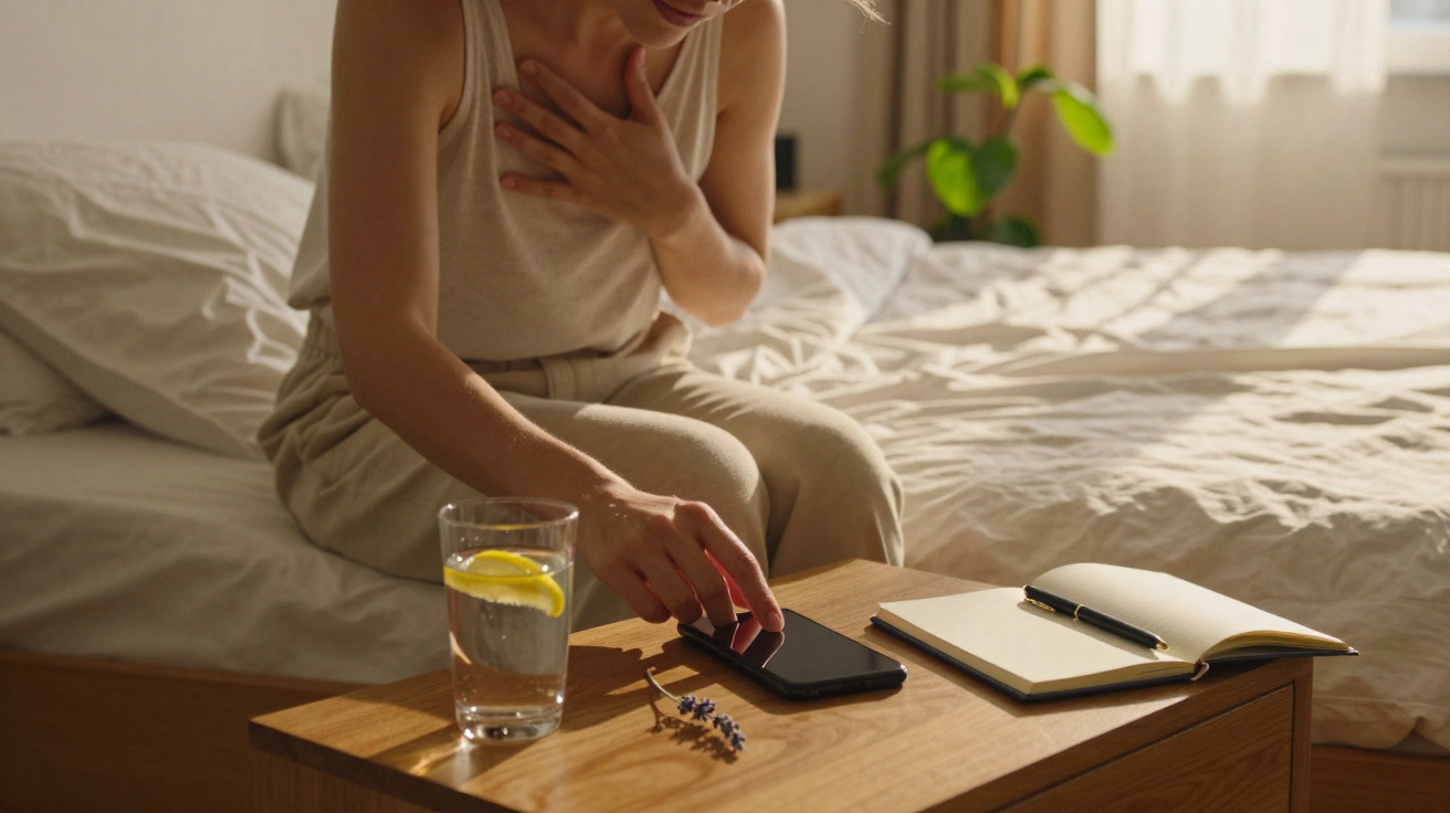 Pessoa sentada na cama, com uma mão no peito e a outra a pegar no telemóvel numa mesa com um copo de água e um caderno.