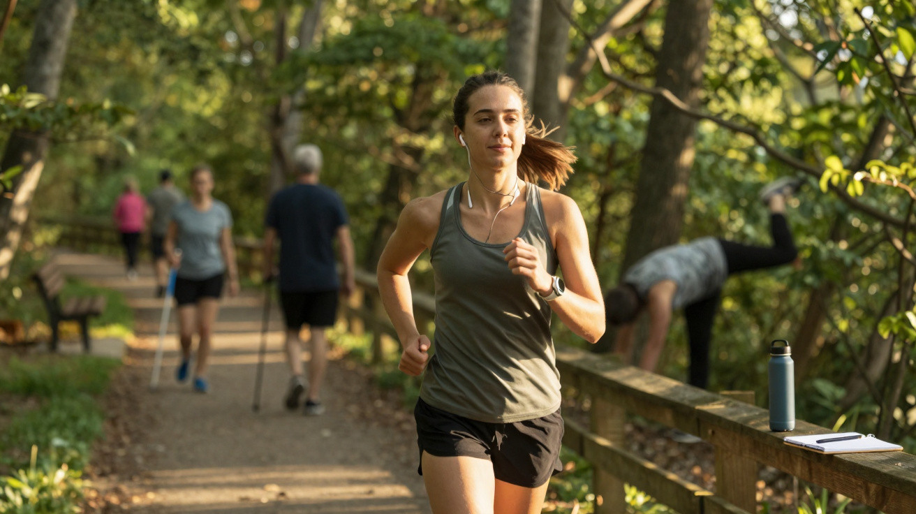 Mulher a correr num parque com outras pessoas a caminhar e fazer exercício ao fundo, durante o dia.