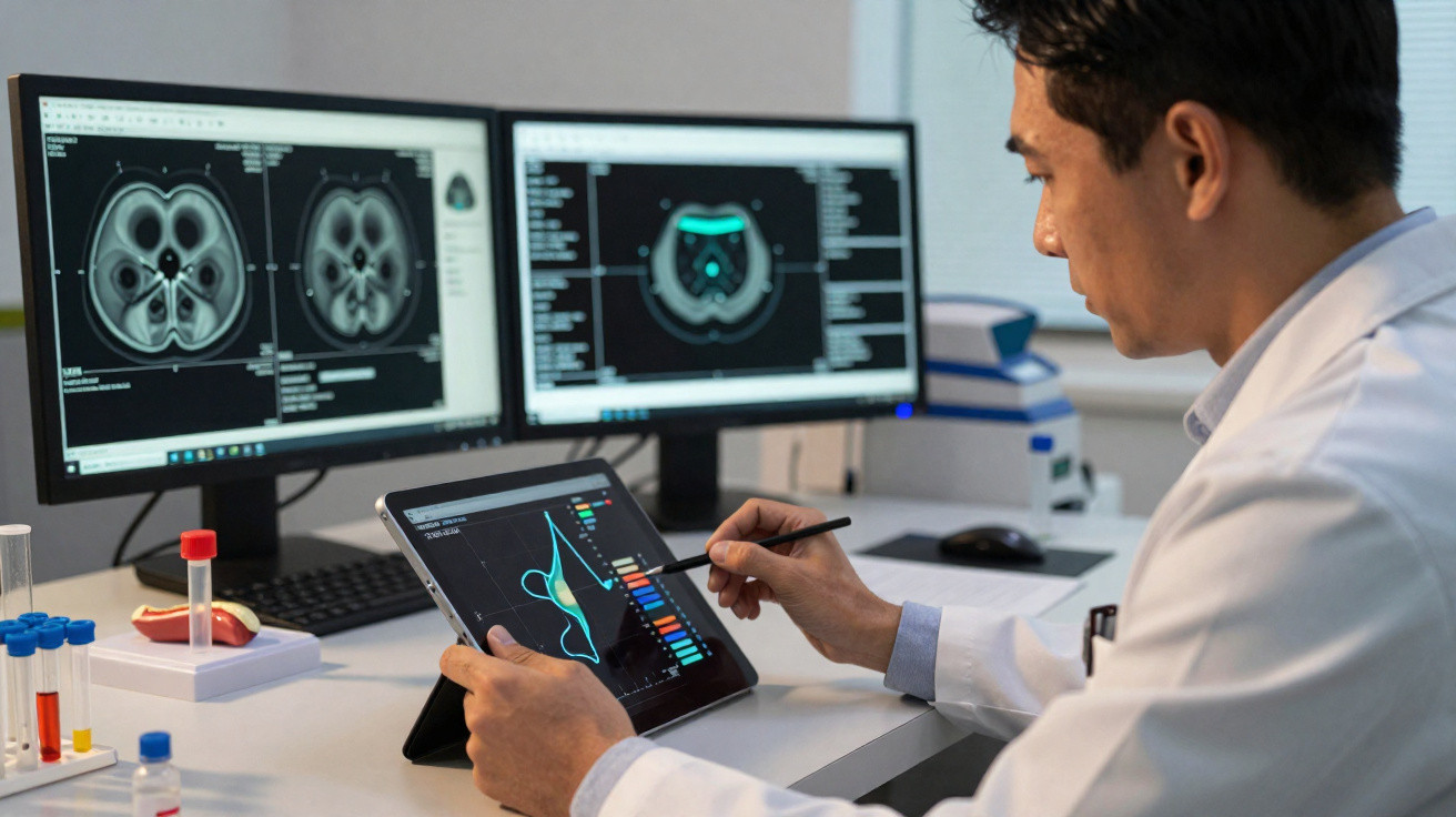 Cientista a analisar imagens médicas e dados cerebrais em computador e tablet num laboratório.