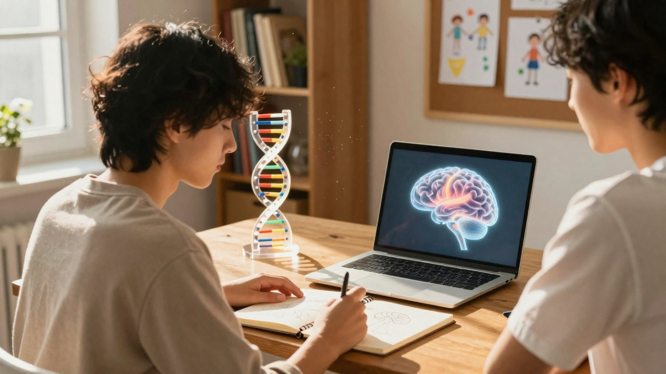 Duas pessoas a estudar genética e cérebro com modelo de DNA e imagem de cérebro num computador portátil.