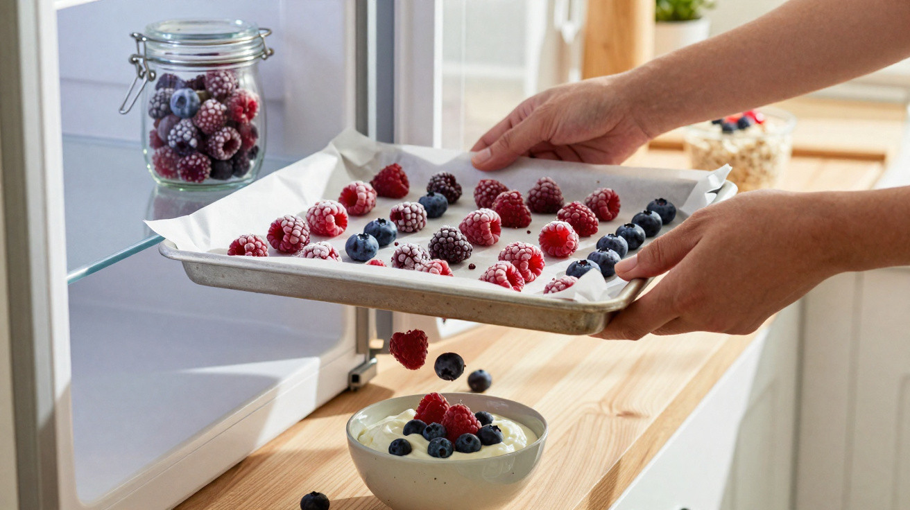 Mãos a colocar frutos vermelhos congelados numa taça de iogurte numa cozinha iluminada.