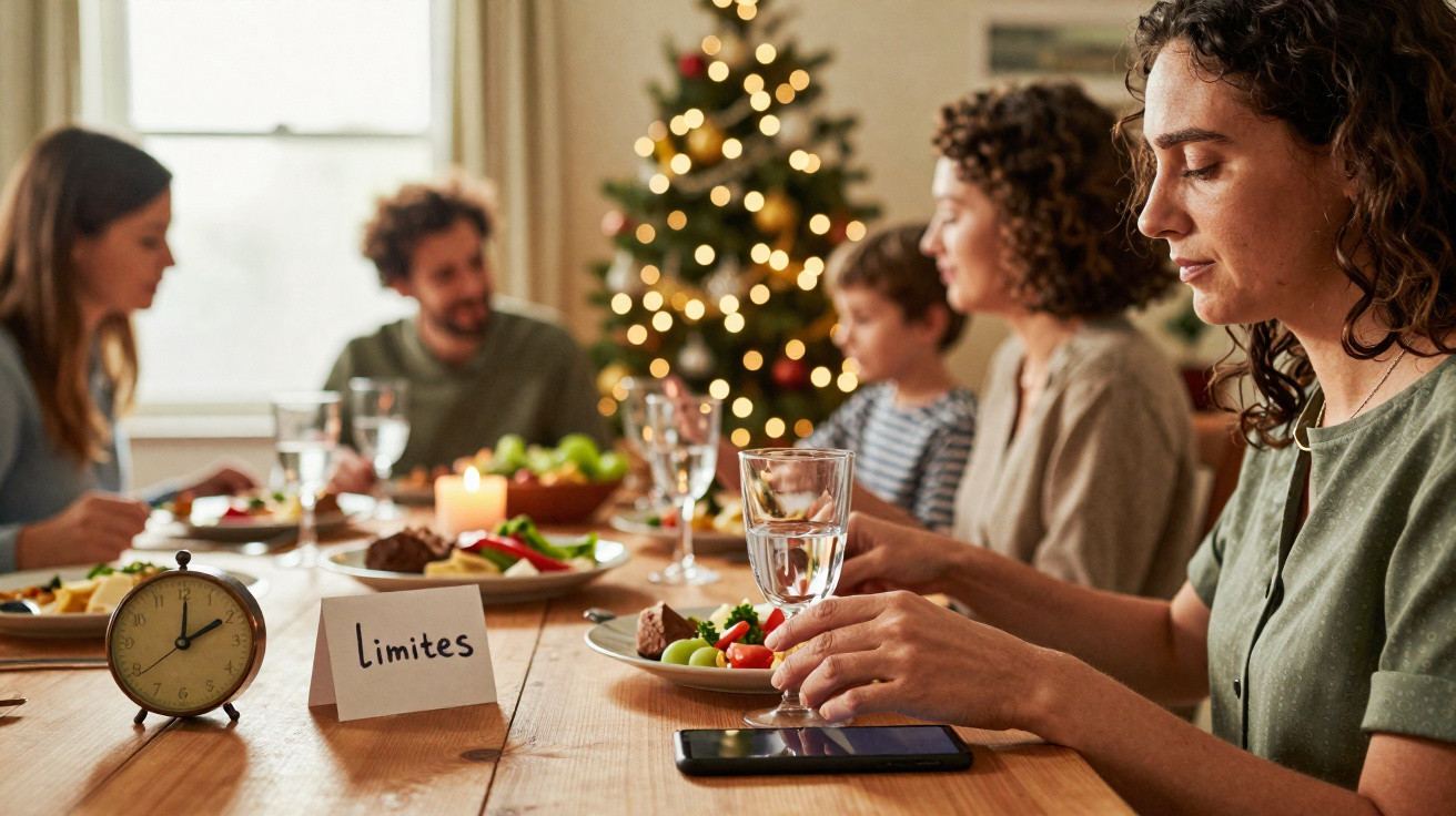 Grupo familiar sentado à mesa de jantar com decoração natalícia e placa com palavra "Limites".