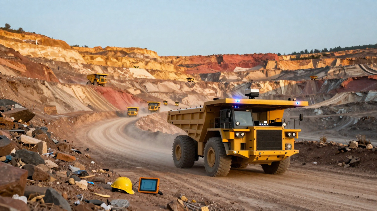 Camiões de mineração amarelos circulam em estrada de terra numa grande mina a céu aberto.