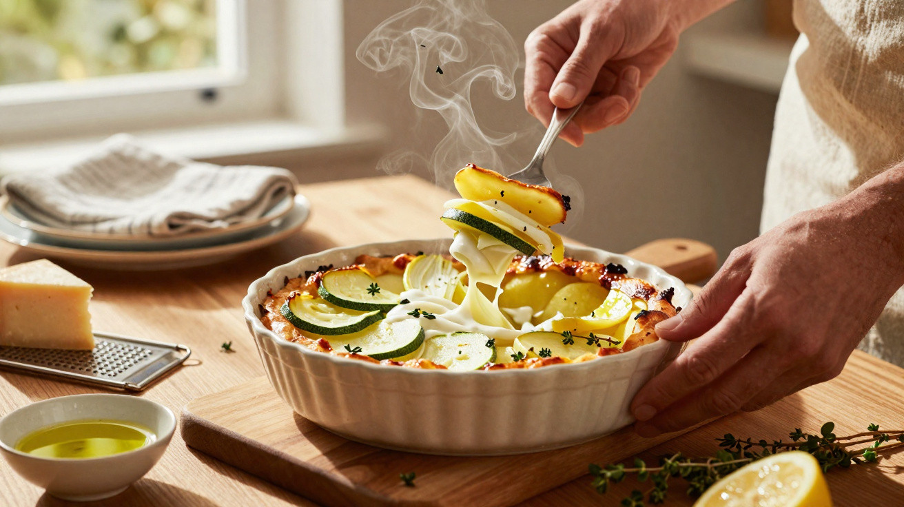 Pessoa a servir gratinado de batata e courgette com queijo derretido numa travessa branca.