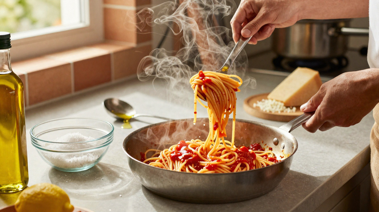 Mãos a servir esparguete com molho de tomate fumegante numa frigideira numa cozinha iluminada.