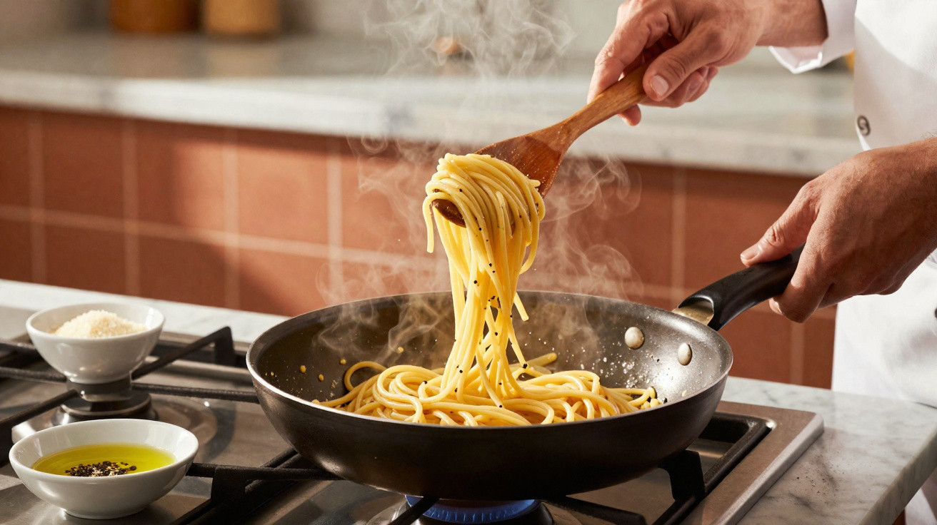 Pessoa a cozinhar esparguete numa frigideira em lume de gás, com vapor a subir.