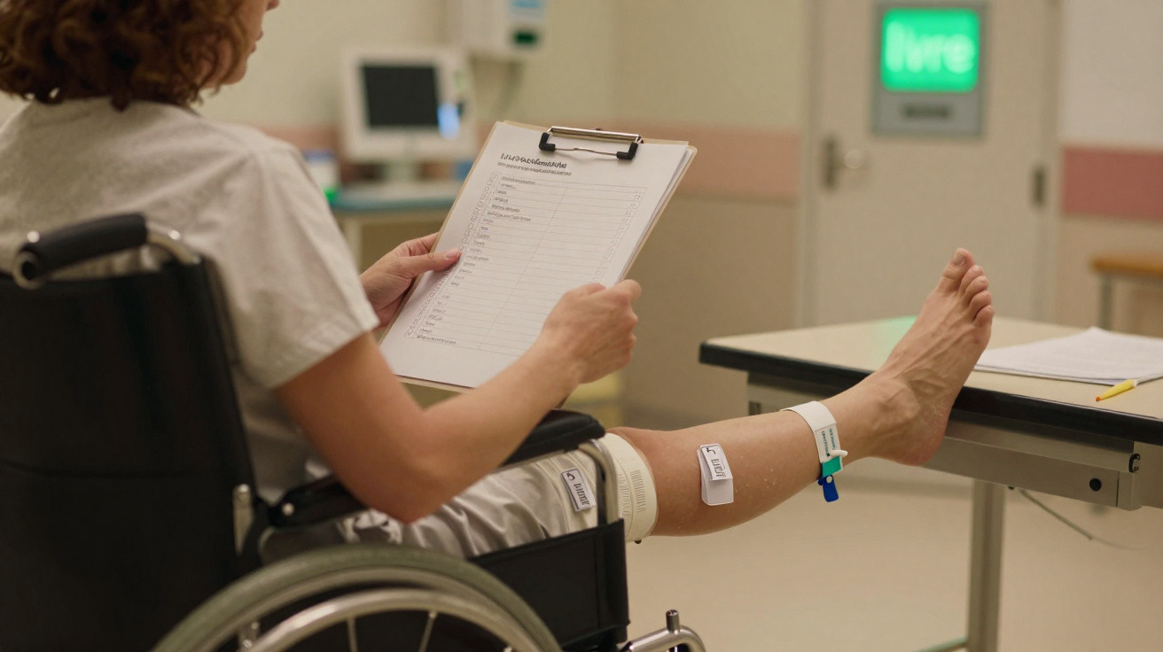 Pessoa numa cadeira de rodas com perna imobilizada e pulseira hospitalar, a ler documentos num hospital.
