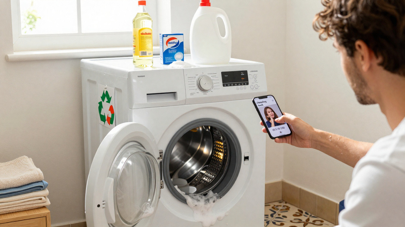 Homem a controlar máquina de lavar roupa aberta com detergente e óleo à vista usando telemóvel.